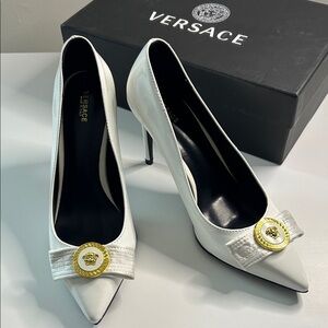 Versace White Heels with Gold Medallion